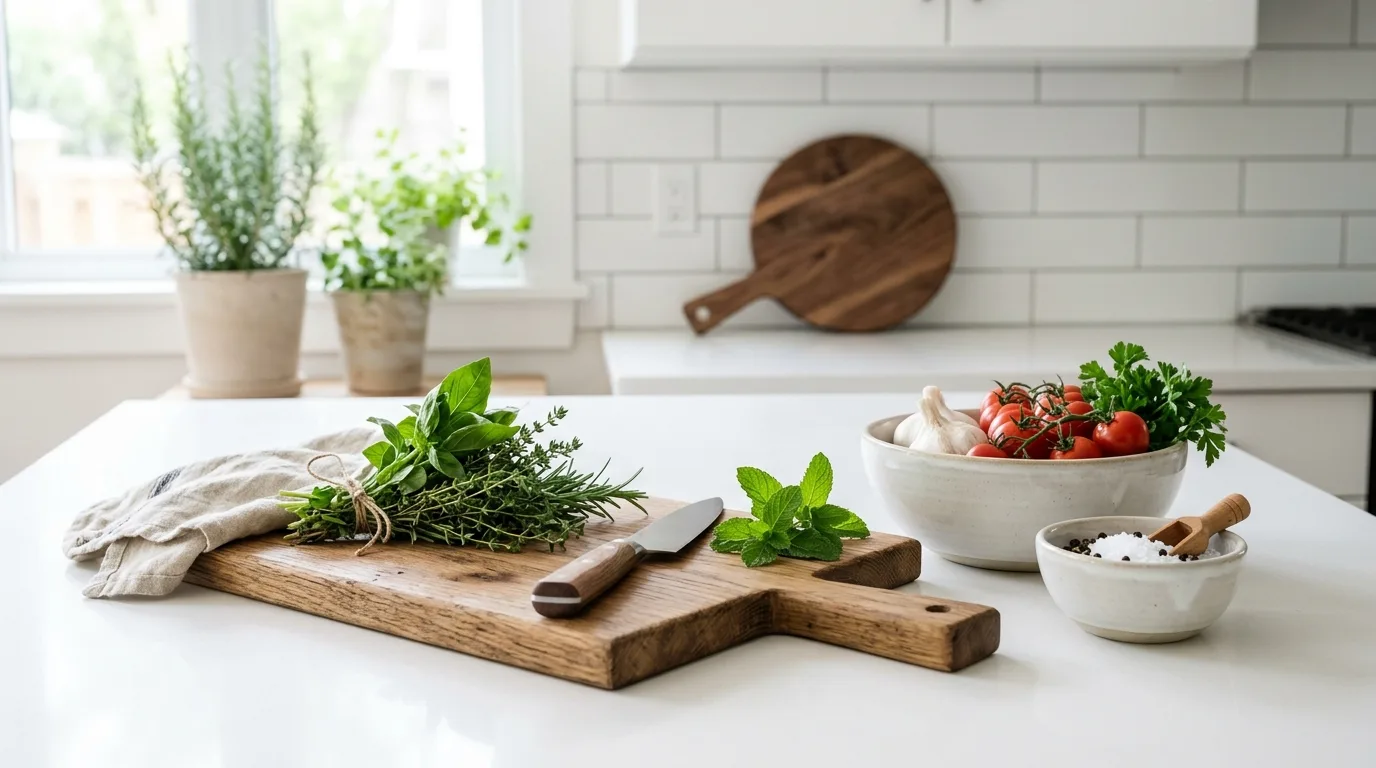 Pair white cabinetry with natural wood accents inspiration for a bright white kitchen.